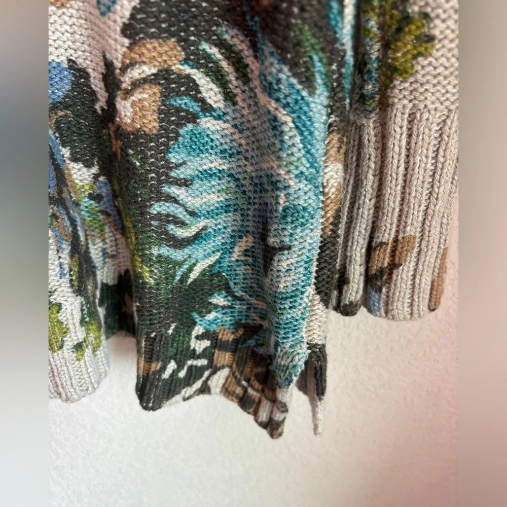 J. Jill Beige Blue Floral Cowl Neck Tunic Length Pullover Sweater S